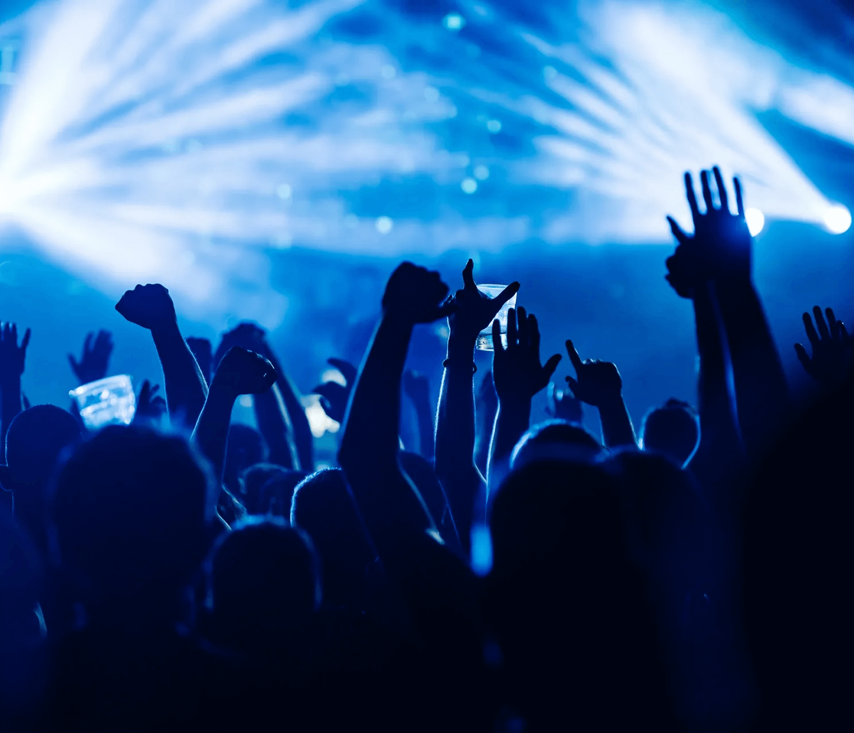 Concert crowd with raised hands and lights.
